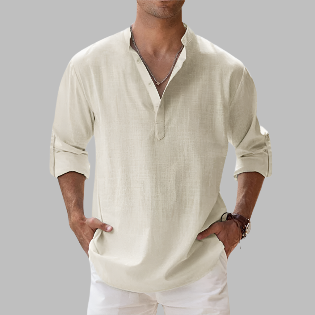 Relaxed fit long sleeve men's shirt featuring a chic band collar, breathable fabric for summer comfort.