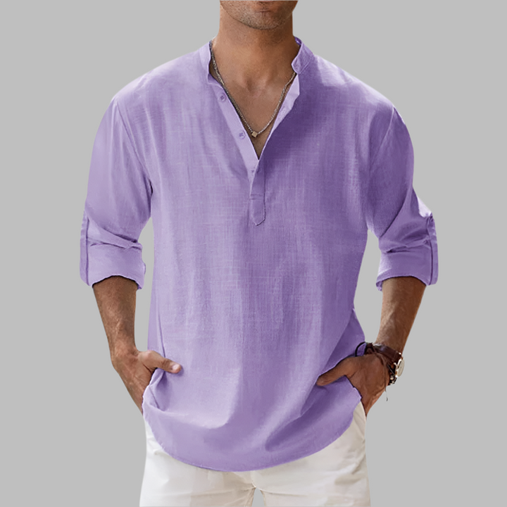 Versatile men's relaxed fit band collar shirt, perfect for casual summer looks & warm weather comfort.
