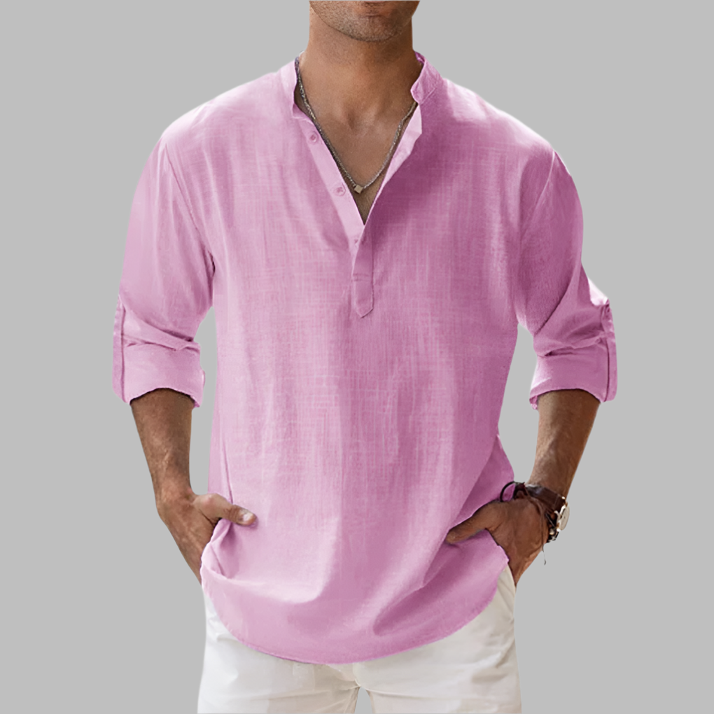 Comfortable men's relaxed fit band collar shirt, breathable long sleeve for hot summer days & casual style.
