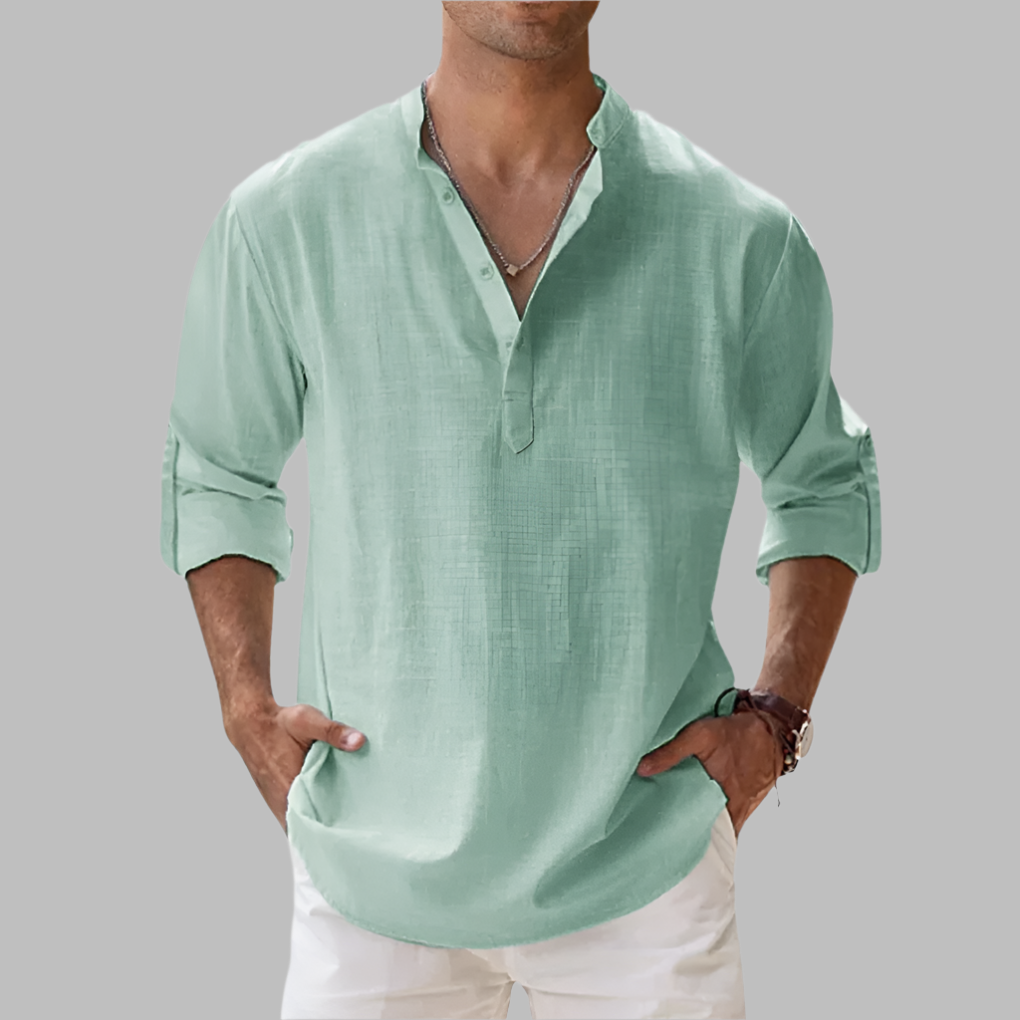 Men's casual relaxed fit long sleeve button-down shirt with a modern band collar, a summer essential.