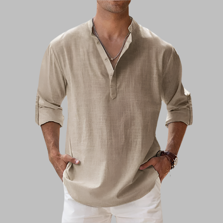 Lightweight men's band collar shirt, relaxed fit & breathable, ideal for stylish summer casual wear.