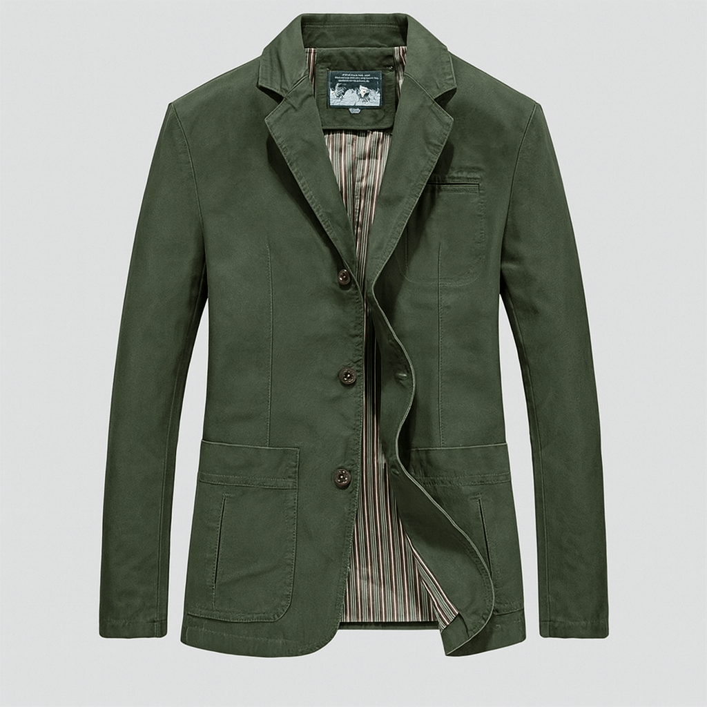 Chic men's three-button blazer with a relaxed fit. Polished style for versatile smart casual looks.
