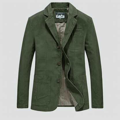 Chic men's three-button blazer with a relaxed fit. Polished style for versatile smart casual looks.