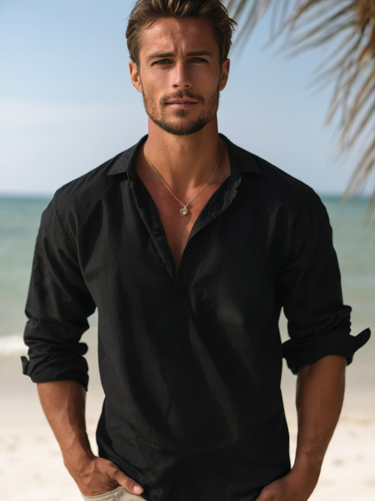 Men's relaxed fit button-down long sleeve summer shirt, ideal for warm weather comfort.