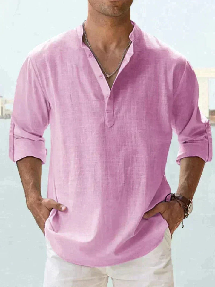 Breathable men's casual button-down shirt, perfect for warm weather summer outfits and comfort.