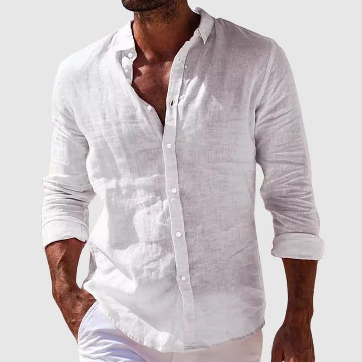 Casual men's button-up shirt, relaxed fit, perfect for summer vacations & easygoing warm weather fashion.