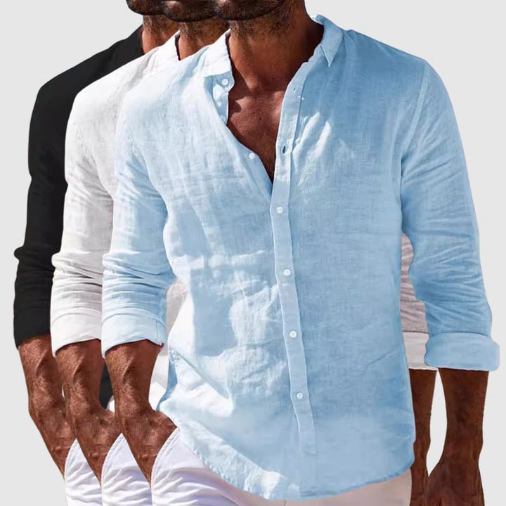 Effortless men's relaxed button-up shirt, versatile for summer outings, casual events, & vacation wear.