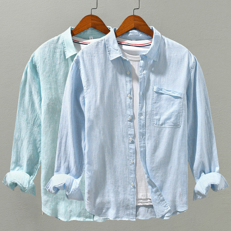 Lightweight men's relaxed fit button-up shirt. Perfect as a breathable summer top or versatile casual long sleeve.