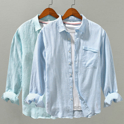 Lightweight men's relaxed fit button-up shirt. Perfect as a breathable summer top or versatile casual long sleeve.