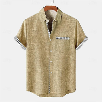 Lightweight men's button-up shirt with gingham trim. Versatile, breathable for stylish spring and summer outfits.