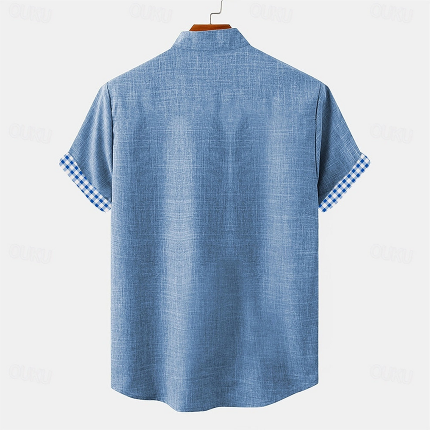 Stylish men's button-up shirt, relaxed fit, breathable fabric. Features a modern gingham trim, great for casual comfort.