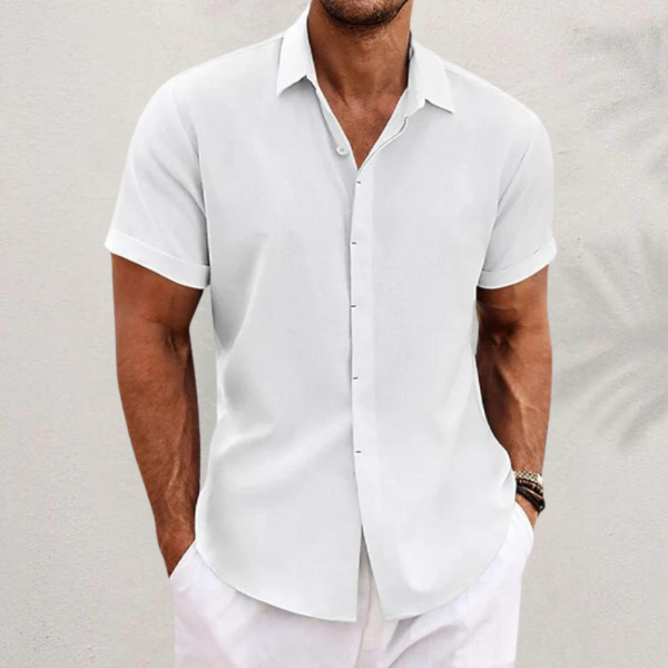 Lightweight men's button-up shirt, relaxed fit, short sleeve, perfect for warm weather, spring, and summer fashion.