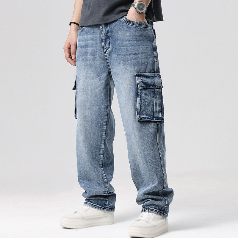 Comfortable men's relaxed fit cargo jeans, perfect for everyday wear with functional deep utility pockets.