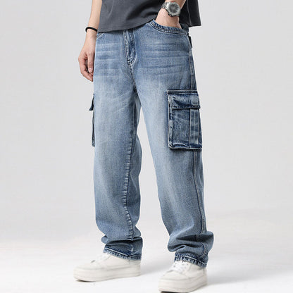 Comfortable men's relaxed fit cargo jeans, perfect for everyday wear with functional deep utility pockets.