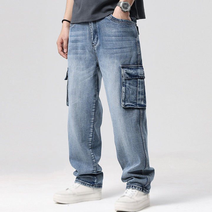 Comfortable men's relaxed fit cargo jeans, perfect for everyday wear with functional deep utility pockets.