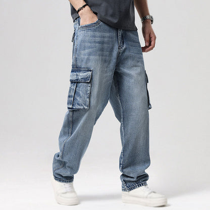 Versatile men's relaxed fit cargo jeans, designed for comfort with practical deep utility pockets.