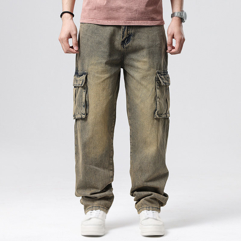 Man wearing relaxed fit cargo jeans with deep utility pockets, showcasing casual men's fashion.