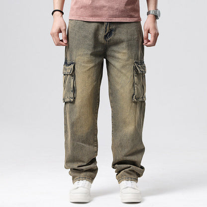 Man wearing relaxed fit cargo jeans with deep utility pockets, showcasing casual men's fashion.