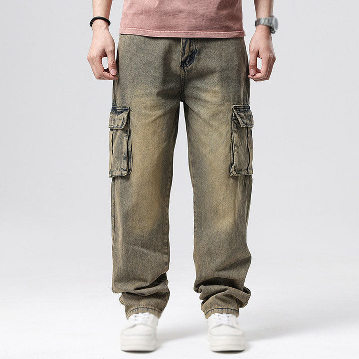 Man wearing relaxed fit cargo jeans with deep utility pockets, showcasing casual men's fashion.