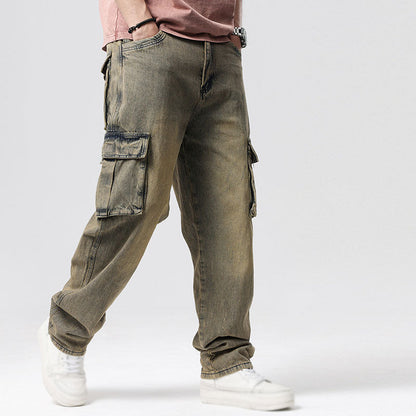 Men's cargo jeans, relaxed fit, featuring prominent deep utility pockets for essential storage and style.