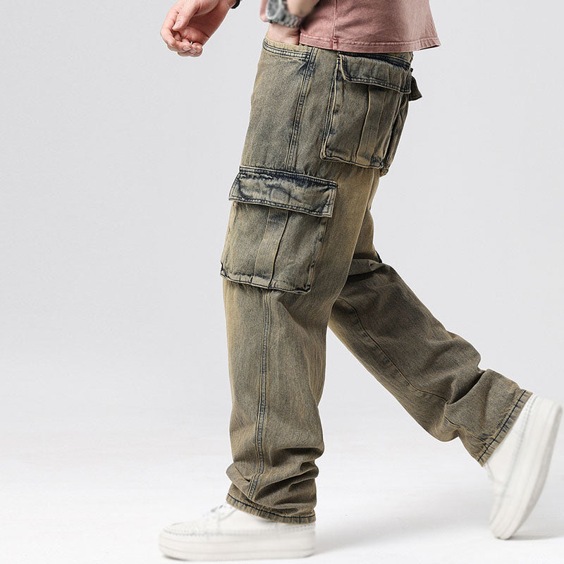 Stylish men's relaxed fit cargo jeans, offering comfort and practicality with deep utility pockets.