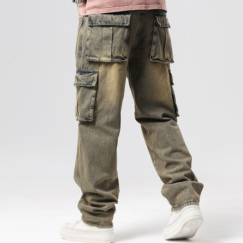Men's casual relaxed fit cargo jeans with deep utility pockets for comfortable, versatile wear.