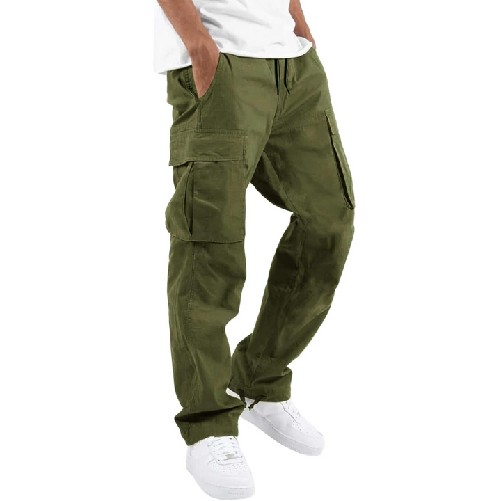 Front view of men's relaxed fit cargo joggers, comfortable and casual athletic pants for men.