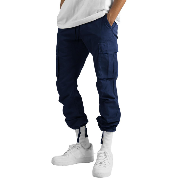 Side view of men's relaxed fit cargo joggers, showcasing cargo pockets and a stylish tapered leg.