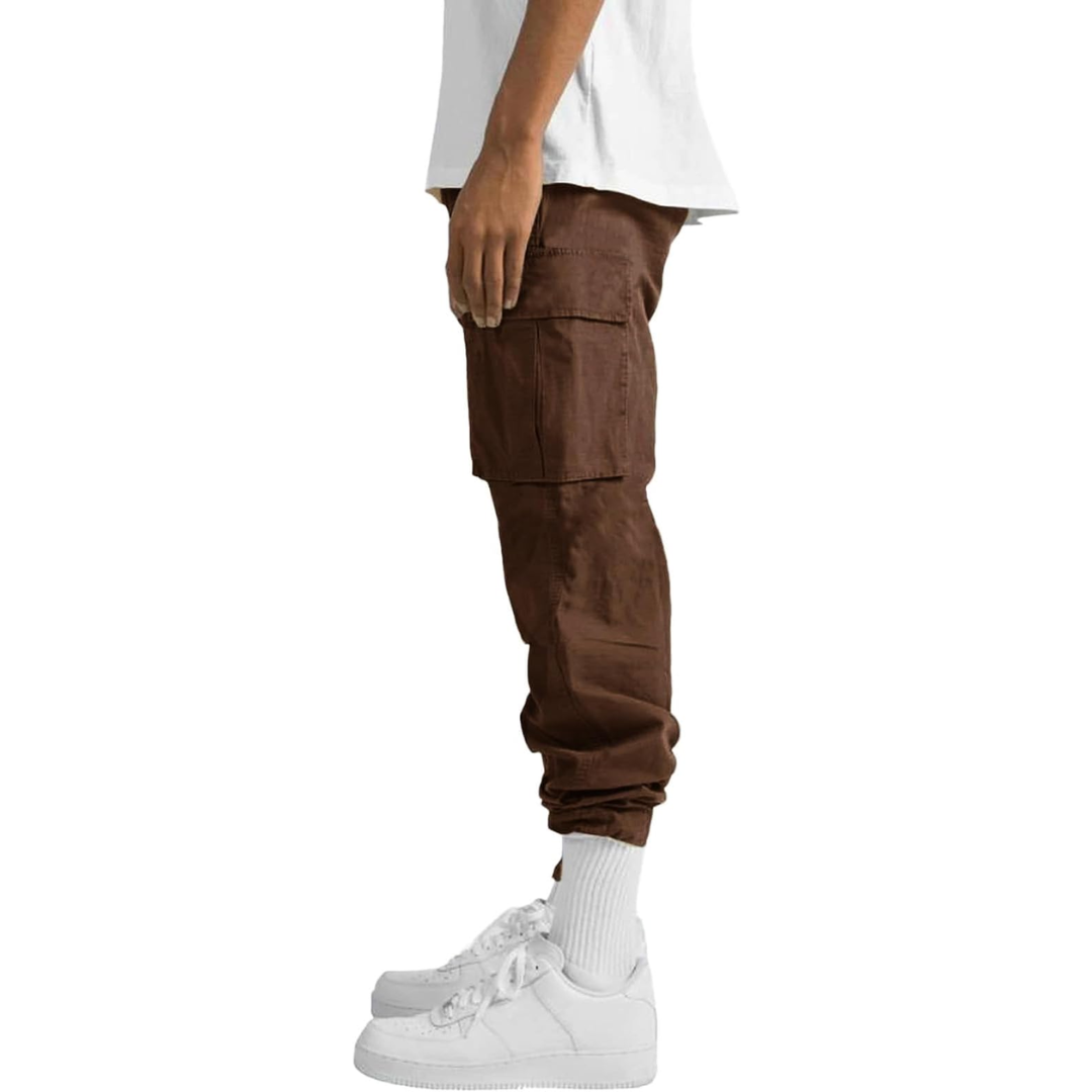 Back view of men's relaxed fit cargo joggers, comfortable trousers with a modern, relaxed fit.