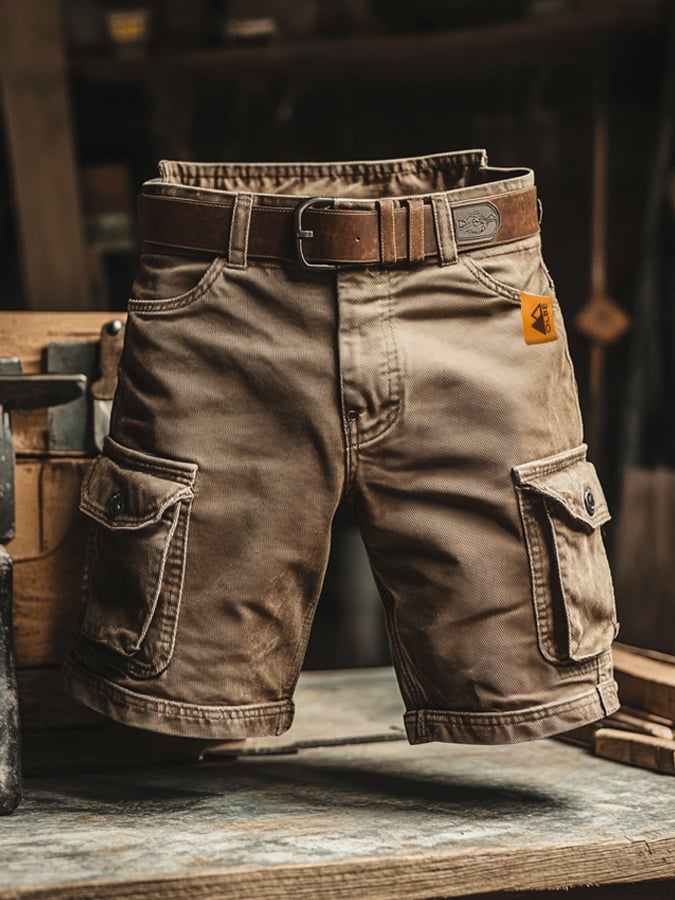 Khaki men's cargo pants, relaxed fit, featuring ample functional utility pockets for everyday comfort & outdoor use.