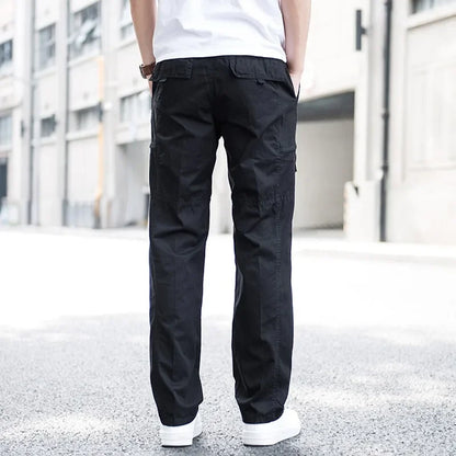Black men's relaxed fit cargo pants, versatile multi-pocket utility design for casual and modern street style.