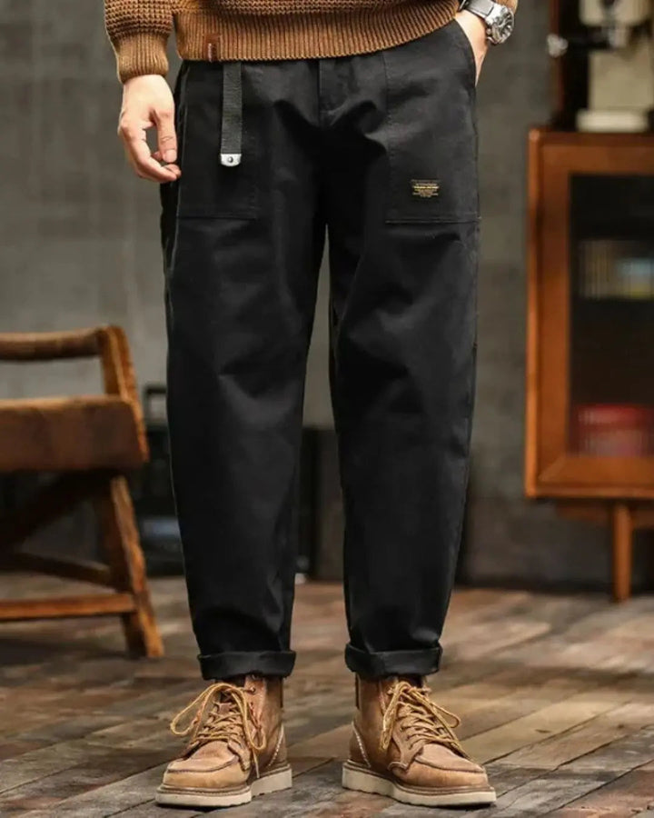 Versatile men's relaxed fit cargo pants with secure utility pockets for practical everyday wear.