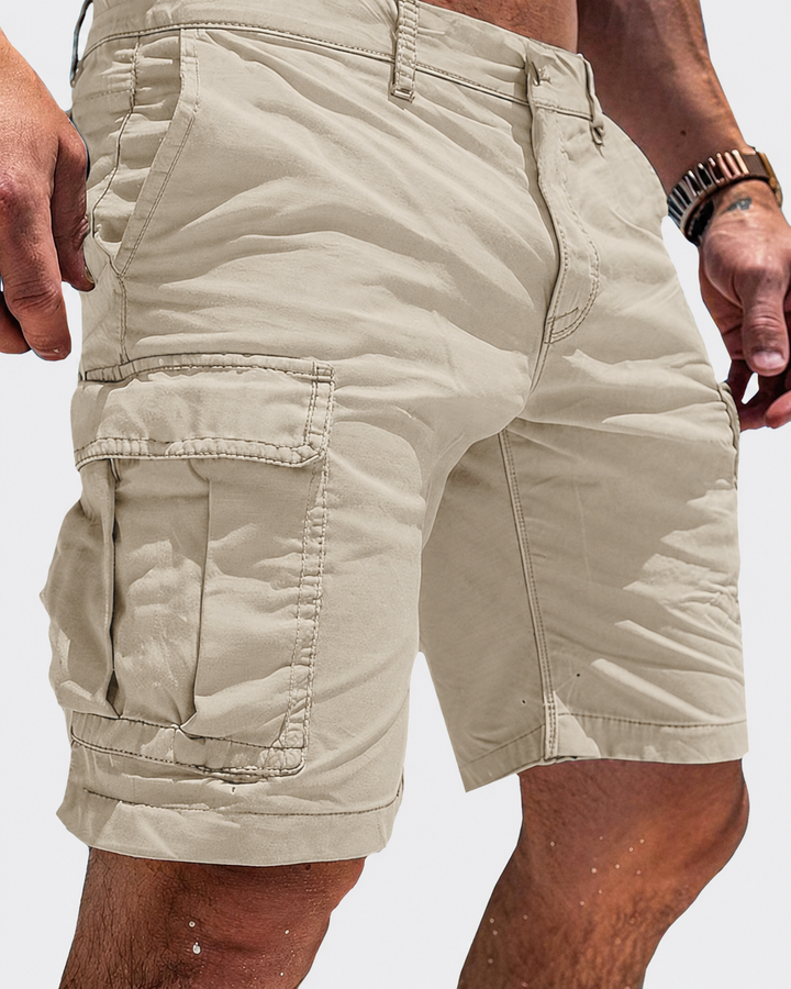 Men's relaxed fit cargo shorts in khaki, perfect for outdoor comfort and casual summer daily wear with spacious pockets.