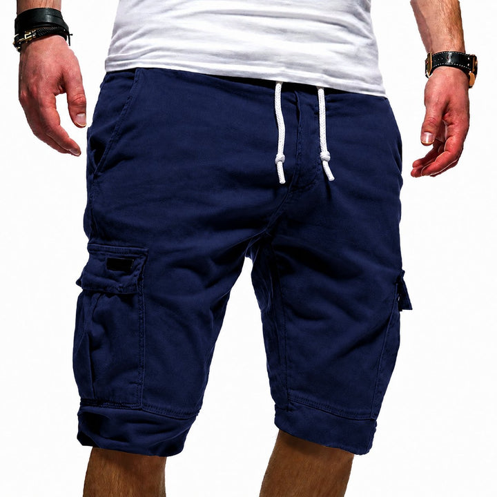 Olive green men's relaxed fit cargo shorts, multi-pocket, perfect for summer outdoor wear and casual outings.