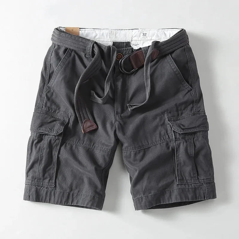Men's relaxed fit cargo shorts with built-in belt for casual summer wear. Utility pockets and comfortable.