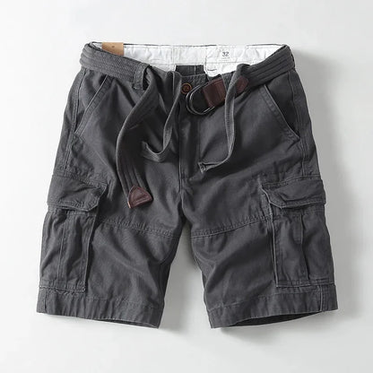 Men's relaxed fit cargo shorts with built-in belt for casual summer wear. Utility pockets and comfortable.