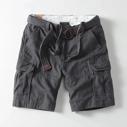 Men's relaxed fit cargo shorts with built-in belt for casual summer wear. Utility pockets and comfortable.