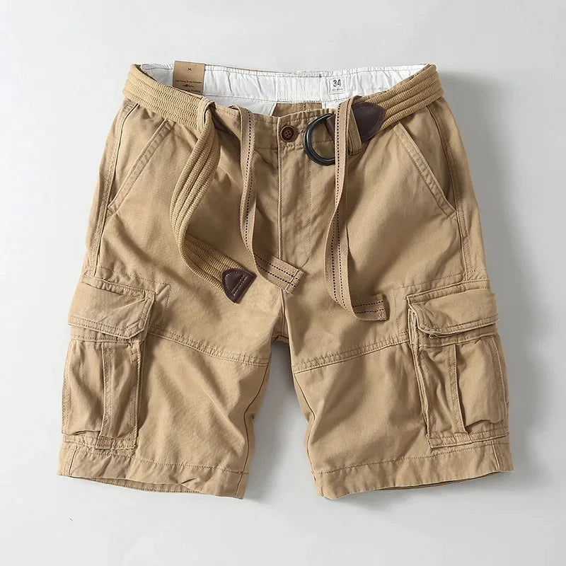 Comfortable men's relaxed fit utility cargo shorts with adjustable built-in belt. Perfect for summer outdoor wear.