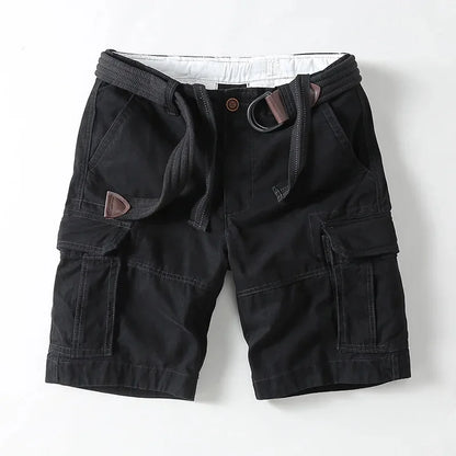 Durable men's relaxed fit cargo shorts with a built-in belt. Essential summer apparel for utility & everyday wear.