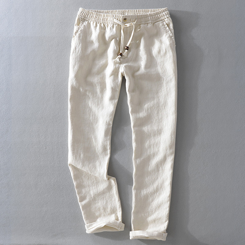 Comfortable men's relaxed fit pants with adjustable drawstring, perfect for breathable summer casual style.