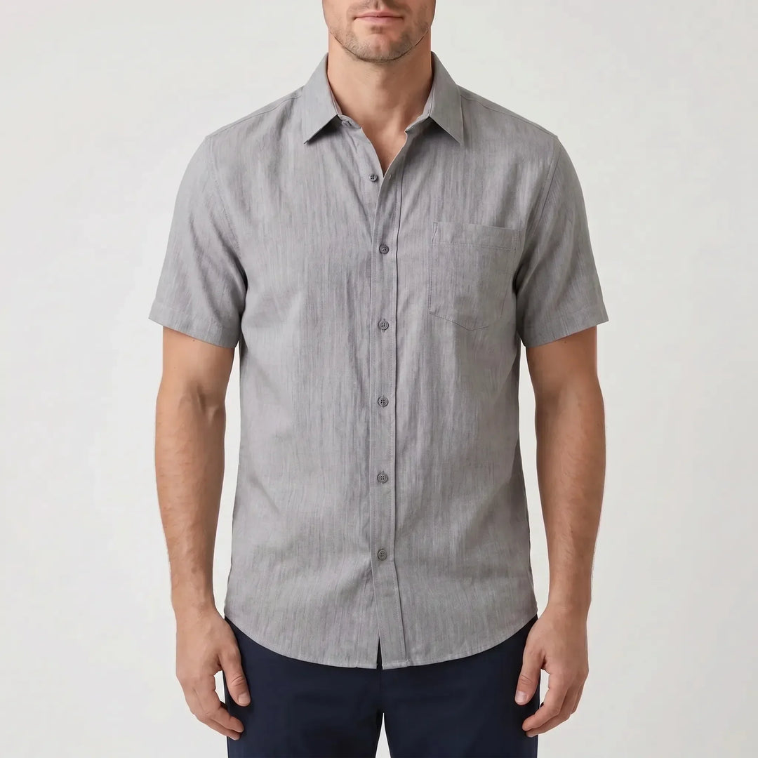 Modern men's casual short-sleeve shirt, textured fabric, great for summer and warm weather.