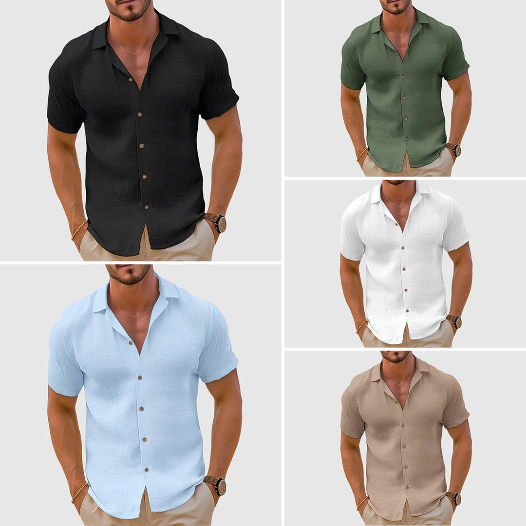 Men's summer relaxed fit short sleeve casual shirt for warm weather.