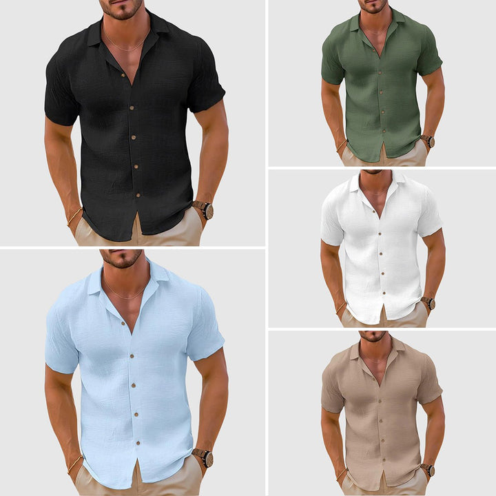 Men's summer relaxed fit short sleeve casual shirt for warm weather.