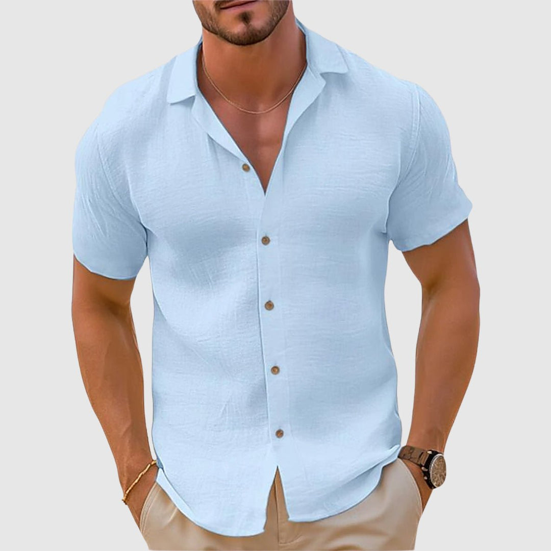 Travel-friendly men's relaxed short sleeve shirt, comfortable for warm weather adventures.