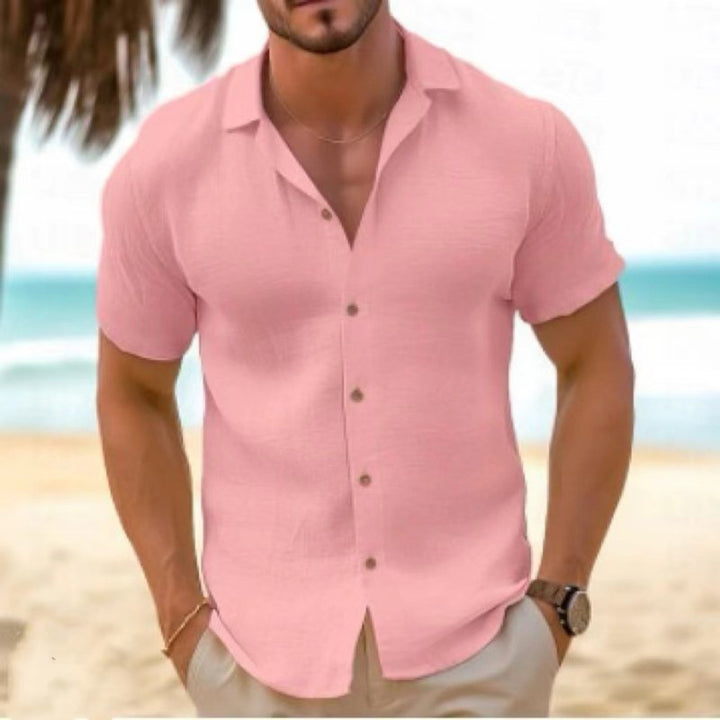 Men's casual short sleeve top with a relaxed collar, excellent for summer and travel.