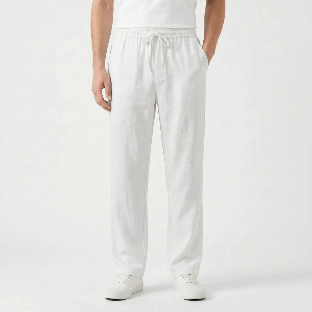 Man modeling comfortable men's relaxed fit straight pants, ideal for casual summer everyday wear and travel.
