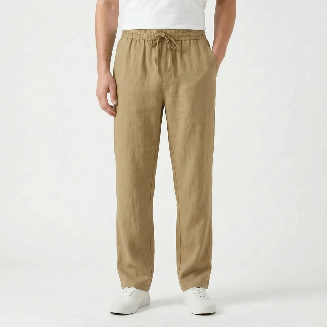 Versatile men's relaxed fit straight pants, elastic waist, perfect for travel, summer, and everyday casual style.