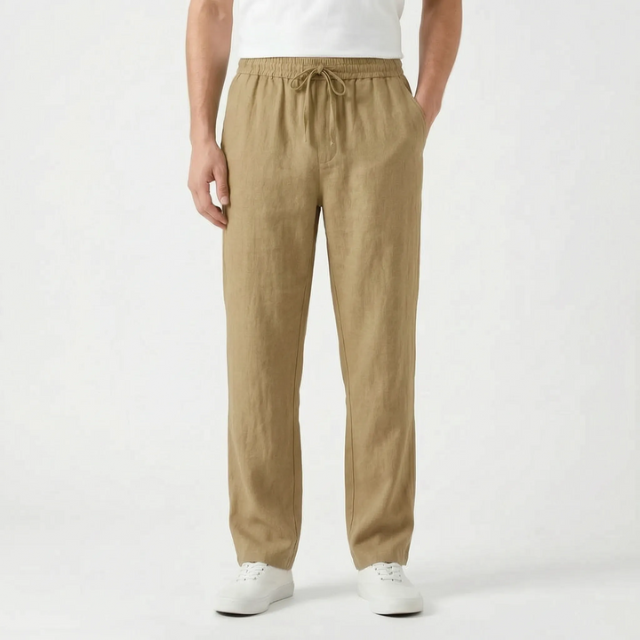 Versatile men's relaxed fit straight pants, elastic waist, perfect for travel, summer, and everyday casual style.