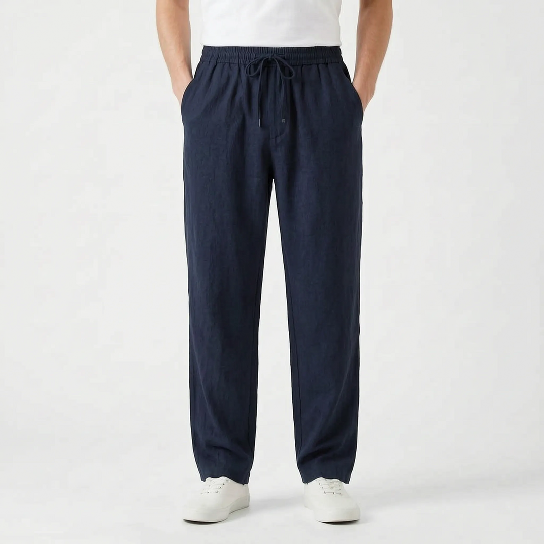 Back view of comfortable men's relaxed fit straight leg casual pants, great for summer everyday wear.