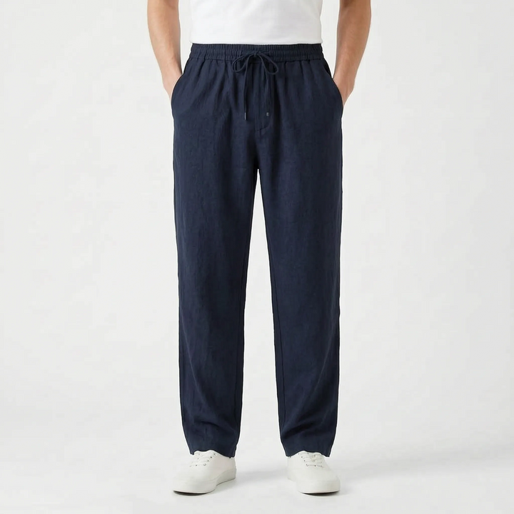 Back view of comfortable men's relaxed fit straight leg casual pants, great for summer everyday wear.
